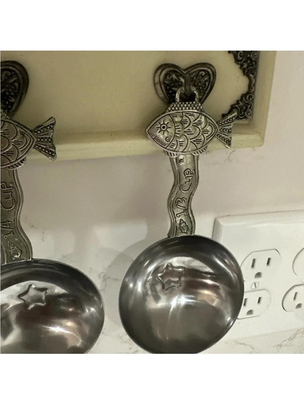 Vintage Silver Toned Fish Measuring Cups With Wall Mounted Hanger